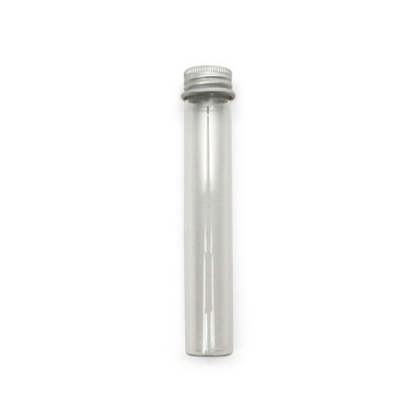 empty clear glass pre roll tube with a ridged silver aluminum screw cap on a white background