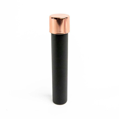 115 millimeter matte black glass pre roll tubes with metallic rose gold child resistant cap front