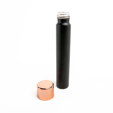 115 millimeter matte black glass pre roll tubes with metallic rose gold child resistant cap uncapped