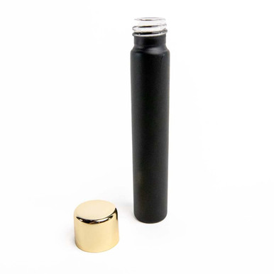 115 millimeter matte black glass pre roll tubes with gold child resistant cap uncapped