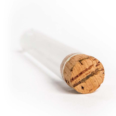 120 millimeter extra wide glass tube with t-cork close up turned left
