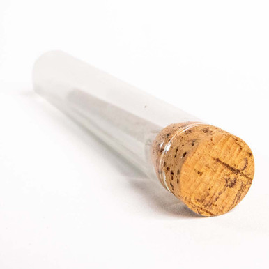 125 millimeter  single wide glass tube with t-cork close up turned left