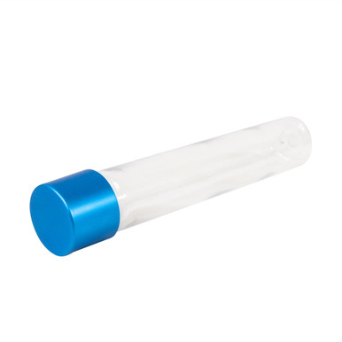 115 millimeter clear pet tube with 22 millimeter blue alumite child resistant cap side