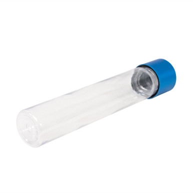 115 millimeter clear pet tube with 22 millimeter blue alumite child resistant cap bottom