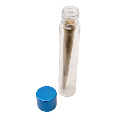 115 millimeter clear pet tube with 22 millimeter blue alumite child resistant cap consumer cone inside
