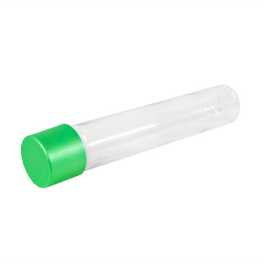 115 millimeter clear pet tube with 22 millimeter green alumite child resistant cap side