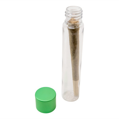 115 millimeter clear pet tube with 22 millimeter green alumite child resistant cap consumer cone inside