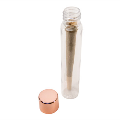 115 millimeter clear pet tube with 22 millimeter metallic rose gold child resistant cap with consumer cone inside