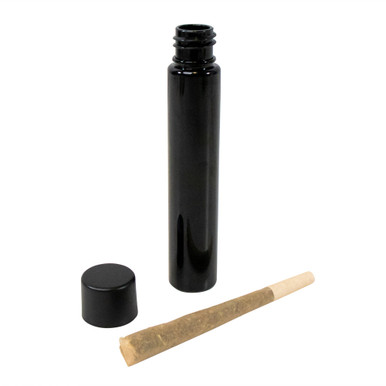 one hundred fifteen millimeter black pet plastic pre roll tube with smooth black child resistant cap with consumer cone