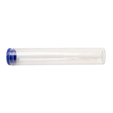 125 millimeter clear glass single width cork tube with blue silicone cap horizontal