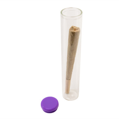 120 millimeter clear glass single width cork tube with purple silicone cap with consumer cone inside