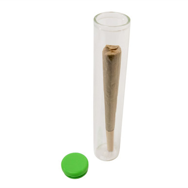 120 millimeter clear glass single width cork tube with green silicone cap with consumer cone inside