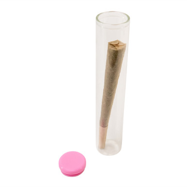 120 millimeter clear glass wide cork tube with pink silicone cap with consumer cone inside