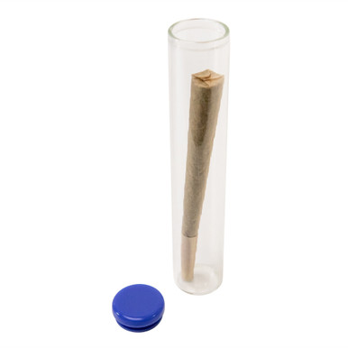 120 millimeter clear glass wide cork tube with blue silicone cap with consumer cone inside
