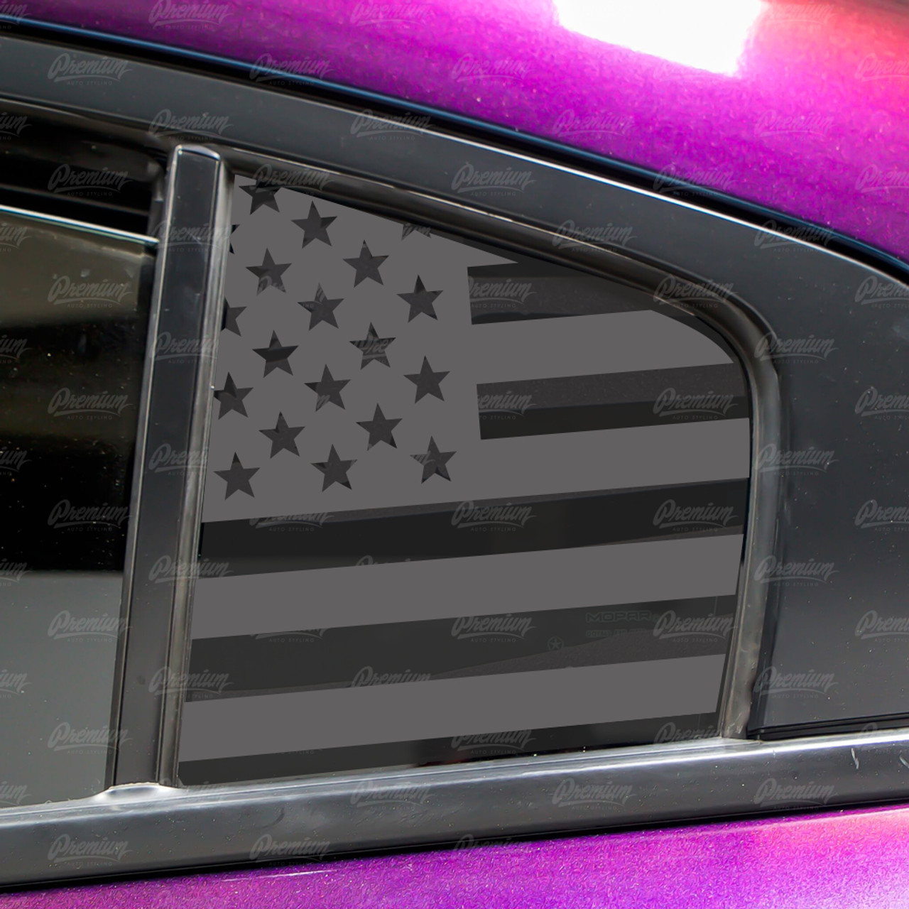 Pre Cut American Flag Rear Quarter Window Decal Set Satin Black Or Satin Grey 2015 2019 Dodge Charger