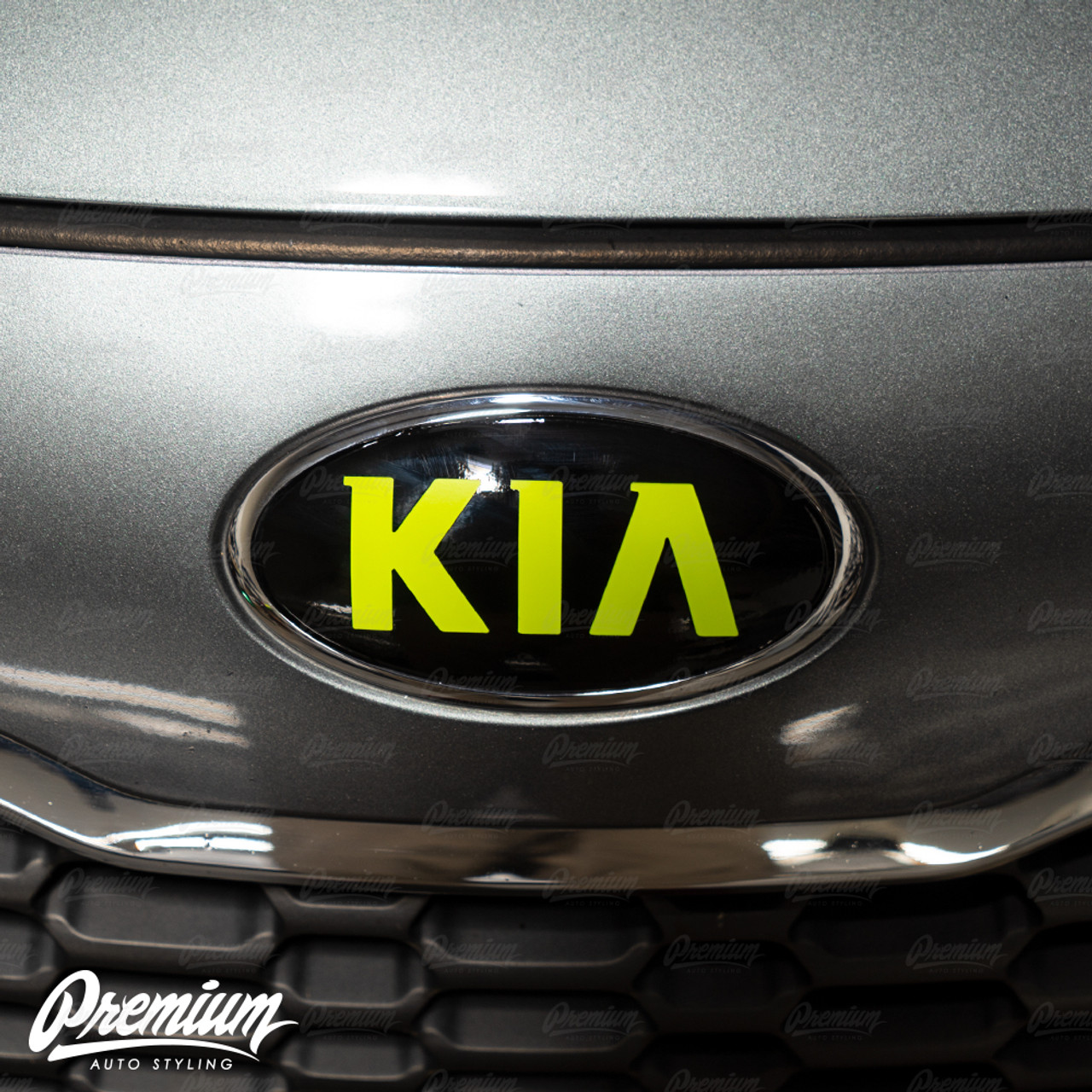 2014-2016 Kia Forte Hatchback  Front & Rear Emblem Vinyl Overlay Set -  Gloss Black Background with Logo Color of your Choice + Matching Steering  Wheel Emblem by Premium Auto Styling