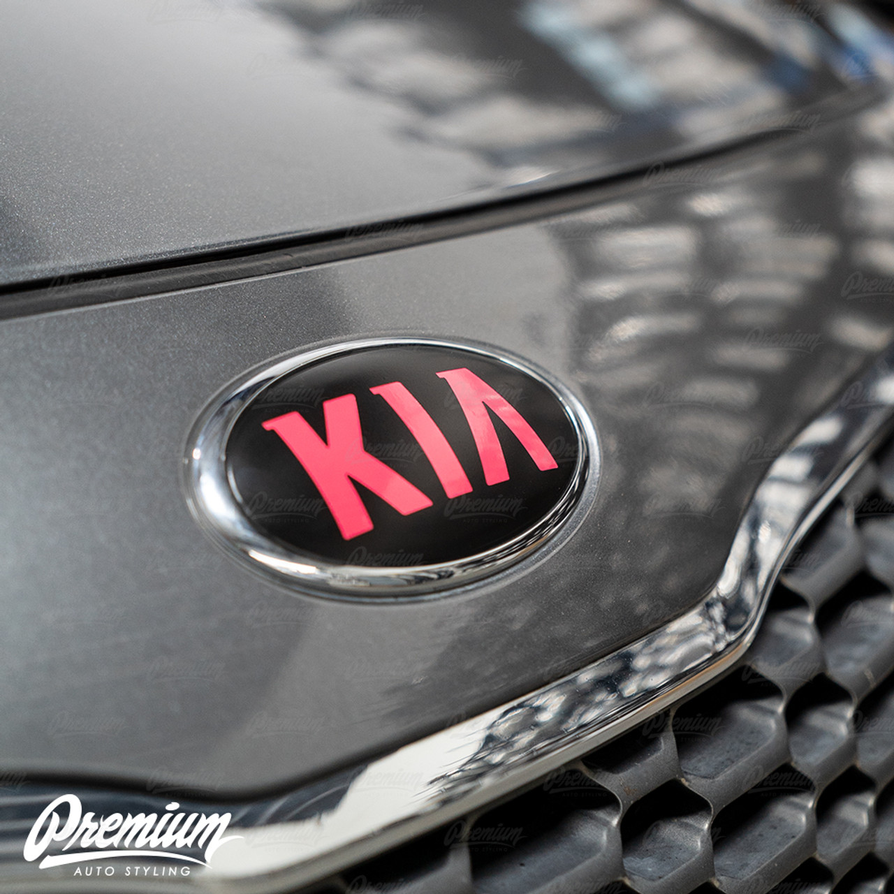 2014-2016 Kia Forte Hatchback  Front & Rear Emblem Vinyl Overlay Set -  Gloss Black Background with Logo Color of your Choice + Matching Steering  Wheel Emblem by Premium Auto Styling