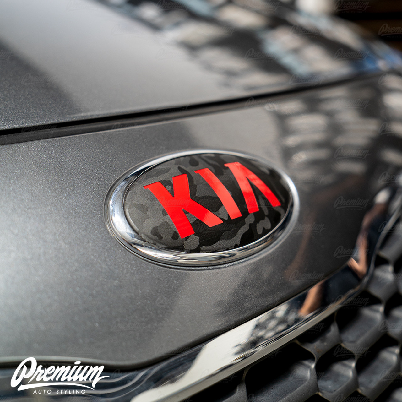 2014-2016 Kia Forte Hatchback  Front & Rear Emblem Vinyl Overlay Set -  Gloss Black Background with Logo Color of your Choice + Matching Steering  Wheel Emblem by Premium Auto Styling