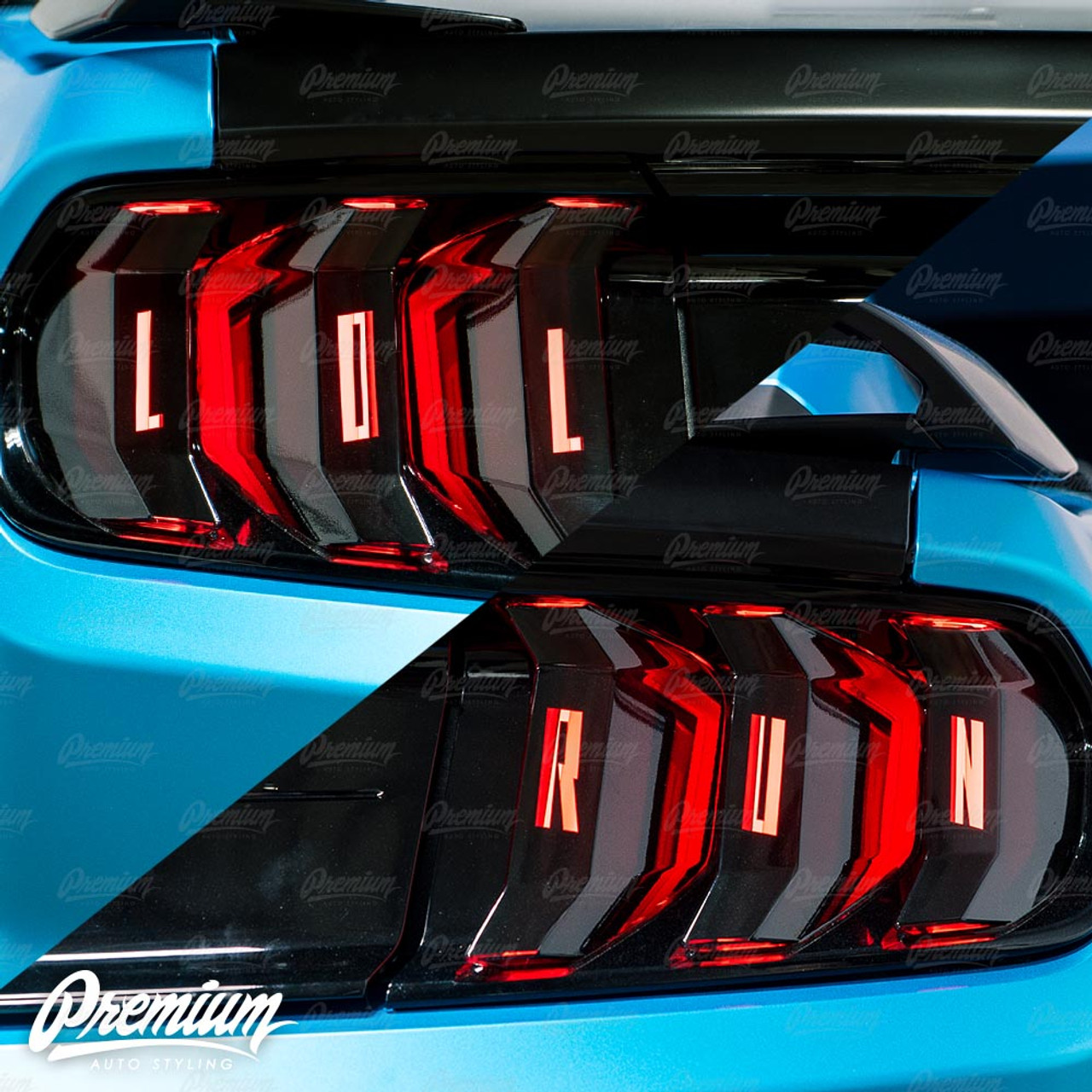 LOL RUN Tail Light Black Out w/ Custom Cut Vinyl Overlay - Gloss Black |  2018-2023 Ford Mustang