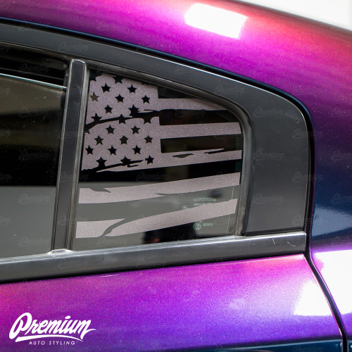 Pre-Cut Distressed  USA Flag Rear Quarter Window Decal Set - Satin Black / Satin Grey | 2015-2019 Dodge Charger