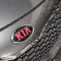 Top Down View from an angle of Carbon Fiber with Gloss  Pink Kia Logo for 2014-2016 Kia Forte Hatch