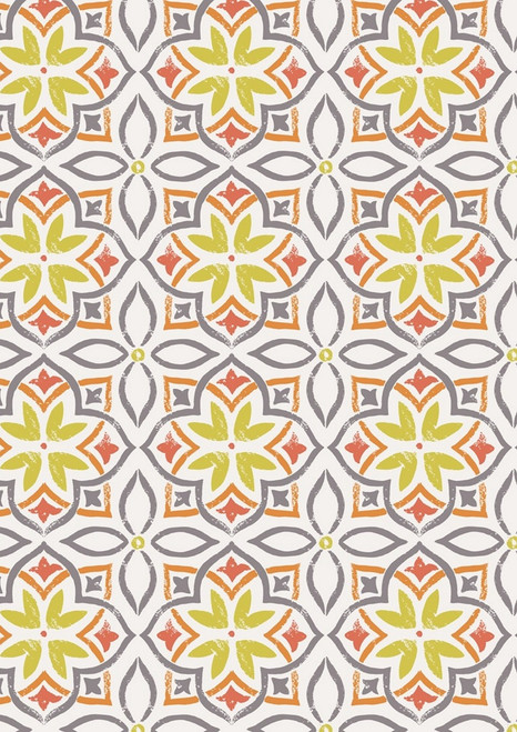 ORANGE, GRAY, RED ORANGE AND YELLOW GEO-FLORAL DESIGNS ON WHITE FABRIC