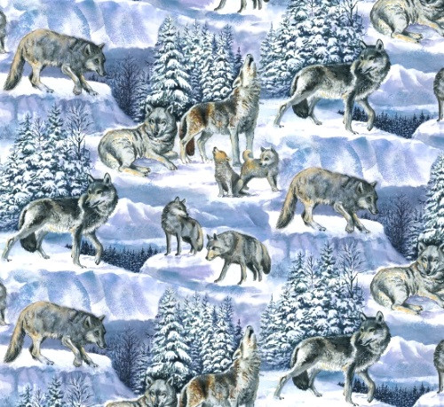 GREY AND BROWN WOLVES IN A SNOWY WOODS FABRIC
