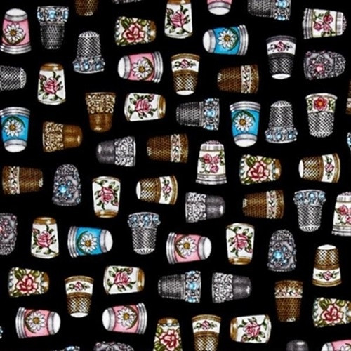 Tossed Multicolor Decorative Thimbles on Black Fabric - 1649-24159-J