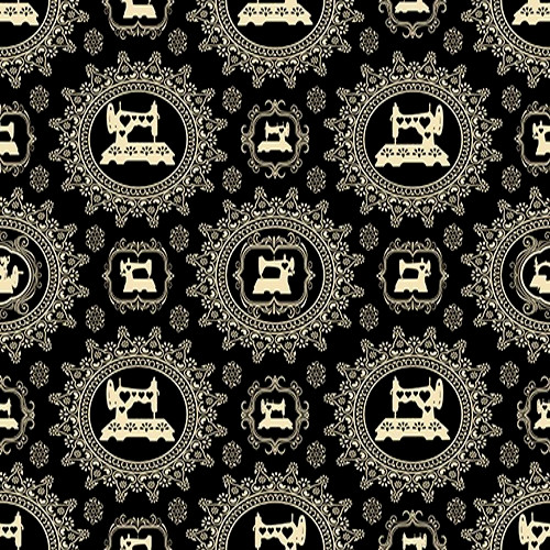 Cream Damask Framed Vintage Sewing Machines on Black Fabric - 1649-24161-J