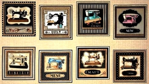 8 Scene 23 1/2" Vintage Machines on Tan Fabric Panel - 1649-24154-E