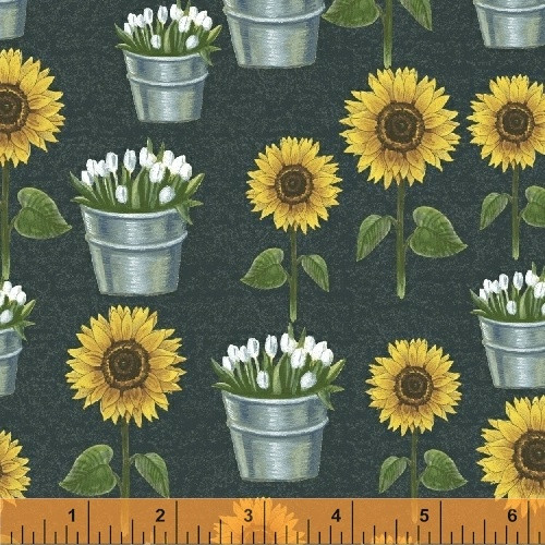 SUNFLOWERS AND TULIPS IN BUCKETS ON DARK CHALKBOARD GREEN FABRIC - 50620-3