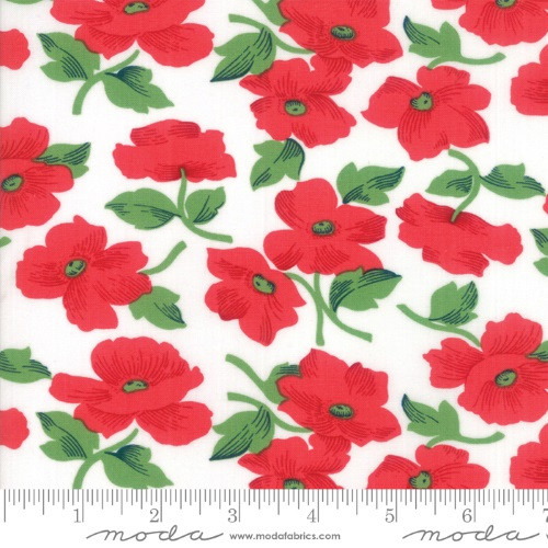 RED FLOWERS WITH GREEN STEMS ON WHITE FABRIC - 23312-11 Ruby White