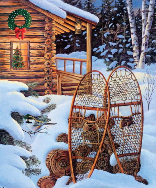 EVENING SOLITUDE PANEL - Christmas Cabin with Snowshoes - P8693 Evening