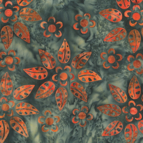 CHARCOAL AND ORANGE FLORAL HAND MADE BATIK FABRIC - 320Q-9 - Flow & Floral