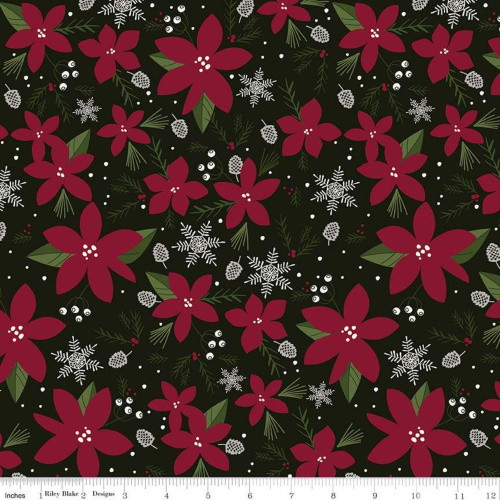 POINSETTIAS AND SNOWFLAKES ON BLACK FABRIC - C8440-Black