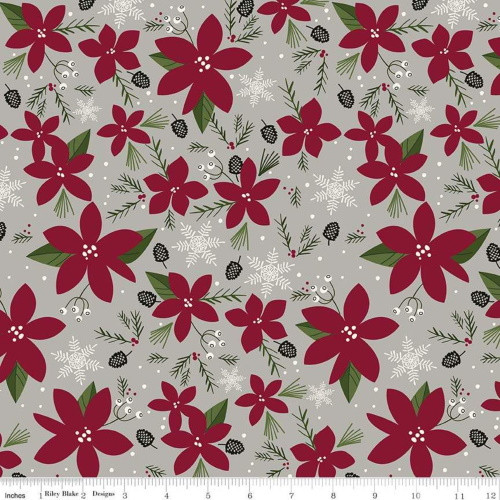 POINSETTIAS AND SNOWFLAKES ON GRAY FABRIC - C8440-Gray