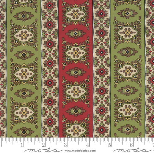 MULTI-COLORED DESIGNS BORDER STRIPE PATTERN ON TURKEY RED, POISON GREEN AND CREAM FABRIC - 38090-12