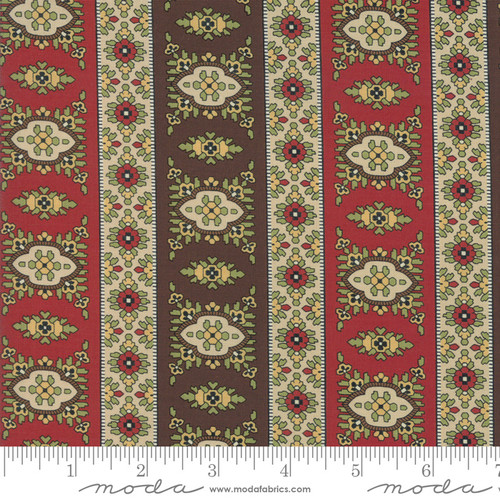 MULTI-COLORED DESIGNS BORDER STRIPE PATTERN ON TURKEY RED, DARK BROWN AND CREAM FABRIC - 38090-15