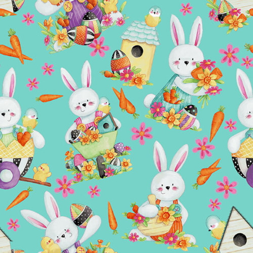 TOSSED ORANGE CARROTS ON AQUA FABRIC - 2572-76 - Easter Fun - Henry Glass & Co.