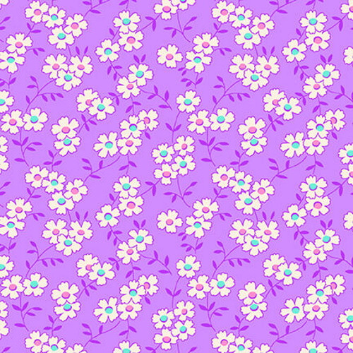 WHITE FLOWERS WITH AQUA & PINK CENTERS ON LAVENDER FABRIC - 9291-55