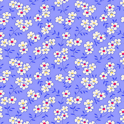 WHITE FLOWERS WITH RED & YELLOW CENTERS ON BLUE FABRIC - 9291-11