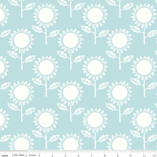 WHITE SUNFLOWERS ON LIGHT BLUE FABRIC - C10186 Blue