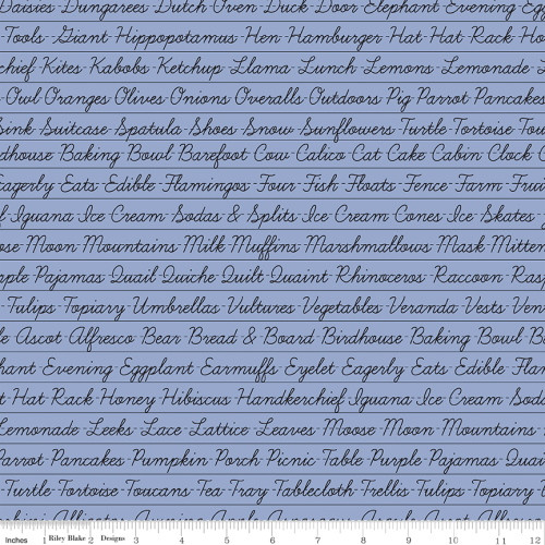 BLACK CURSIVE PENMANSHIP WORDS ON PERIWINKLE FABRIC - C10185 Periwinkle