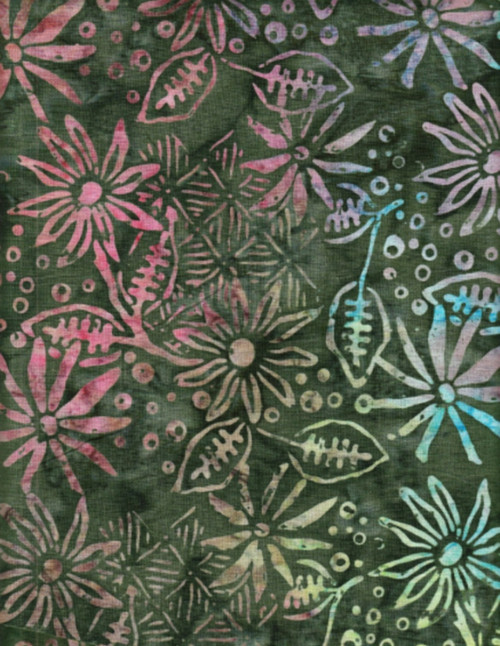 BLUE, LT GREEN & PINK DESIGN ON DK GREENS HAND MADE BATIK