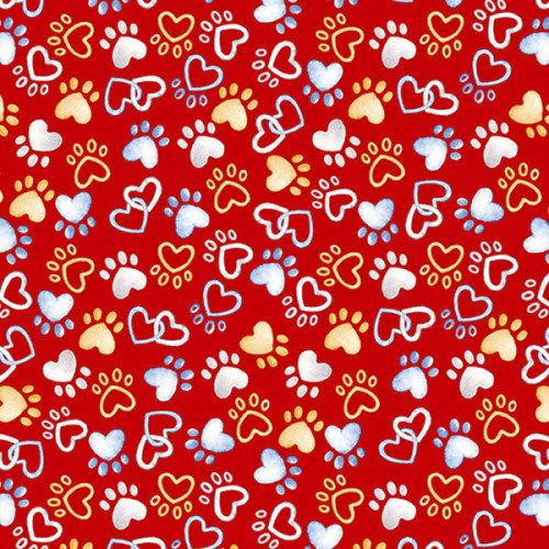 Pawfect Heart Paws on Red Fabric - 09727-10