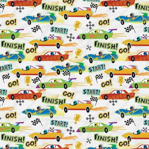 RACE CARS AND WORDS ON WHITE FABRIC - 120-21922