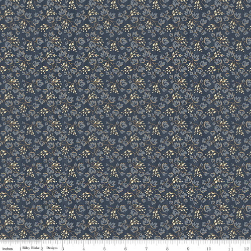 Blue Gray, Navy and Tan Leaves on Tonal Navy Blue Fabric - C10362 Navy