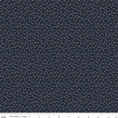 Tan Tendrils and Stars on Navy Blue Fabric - C10363 Navy