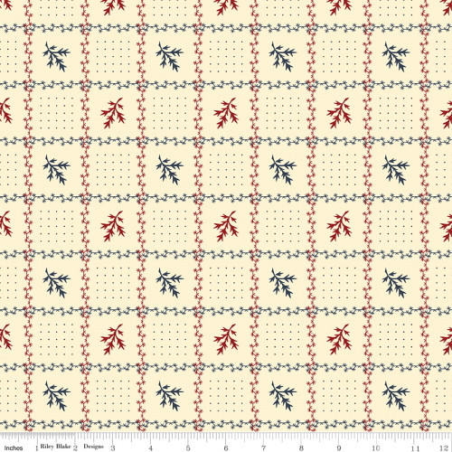 Red and Blue Floral Grid on Cream Fabric - C10366 Cream