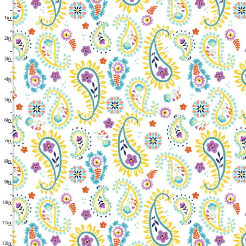 Brightly Colored Paisley Pattern on White Fabric - 17269-WHT-CTN-D